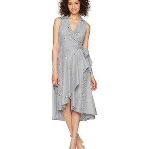 Calvin Klein Embroided Floral & Stripe Wrap Dress Hi-Low Hem Cottagecore Size 8